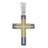10kt White Gold Mens Round Yellow & Blue Color Enhanced Diamond Roman Cross Charm Pendant 2.00 Cttw