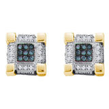 10kt Yellow Gold Mens Round Blue Color Enhanced Diamond Square Earrings 1/4 Cttw