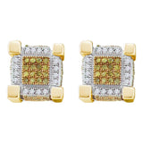 10kt Yellow Gold Mens Round Yellow Color Enhanced Diamond 3D Cube Stud Earrings 1/2 Cttw