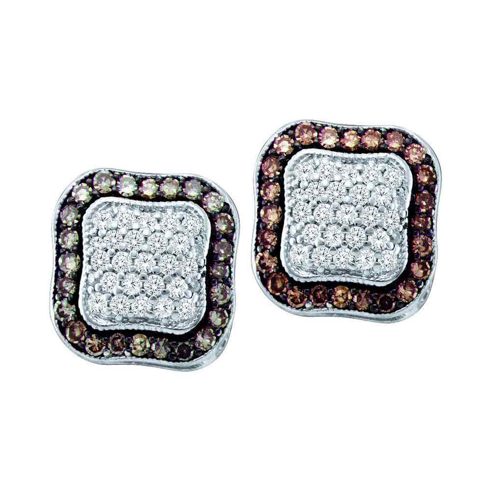 10kt White Gold Womens Round Brown Color Enhanced Diamond Square Cluster Earrings 1.00 Cttw