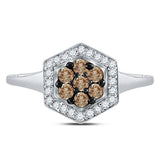 10kt White Gold Womens Round Brown Diamond Polygon Cluster Ring 1/2 Cttw