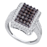 10kt White Gold Womens Round Brown Color Enhanced Diamond Rectangle Cluster Ring 1.00 Cttw