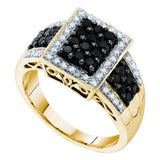 14kt Yellow Gold Womens Round Black Color Enhanced Diamond Rectangle Cluster Ring 5/8 Cttw