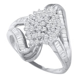 10kt White Gold Womens Round Diamond Cluster Swirl Shank Baguette Ring 1/2 Cttw