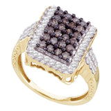 10kt Yellow Gold Womens Round Brown Diamond Rectangle Cluster Ring 1 Cttw