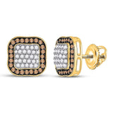 10kt Yellow Gold Womens Round Brown Diamond Square Frame Cluster Earrings 1 Cttw
