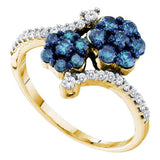 10kt Yellow Gold Womens Round Blue Color Enhanced Natural Diamond Double Flower Cluster Ring 3/4 Cttw