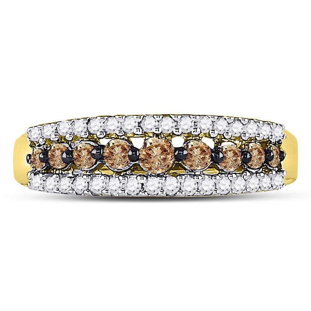 10kt Yellow Gold Womens Round Brown Diamond Triple Row Band Ring 1/2 Cttw