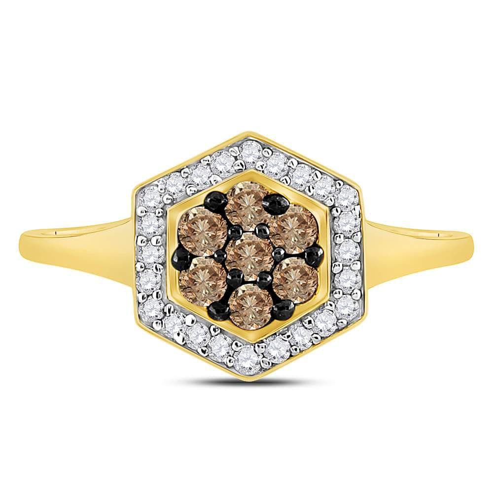 10kt Yellow Gold Womens Round Brown Diamond Polygon Cluster Ring 1/2 Cttw