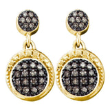 10kt Yellow Gold Womens Round Brown Diamond Dangle Earrings 1/4 Cttw