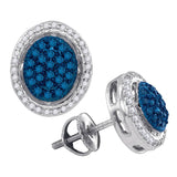10kt White Gold Womens Round Blue Color Enhanced Diamond Oval Frame Cluster Earrings 3/8 Cttw