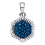 10kt White Gold Womens Round Blue Color Enhanced Diamond Hexagon Cluster Pendant 1/5 Cttw