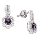 10kt White Gold Womens Round Black Color Enhanced Diamond Flower Cluster Dangle Earrings 1/4 Cttw