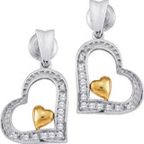10kt White Gold Womens Round Diamond Two-tone Heart Dangle Earrings 1/10 Cttw