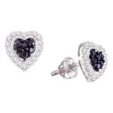 10kt White Gold Womens Round Black Color Enhanced Diamond Heart Screwback Earrings 1/3 Cttw