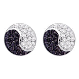10k White Gold Black Color Enhanced Diamond Cluster Ying Yang Unisex Mens Screwback Stud Earrings 1/3 Cttw