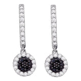 10k White Gold Black Color Enhanced Diamond Womens Hoop Flower Cluster Dangle Earrings 1/2 Cttw