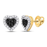 10kt Yellow Gold Womens Round Black Color Enhanced Diamond Heart Love Earrings 1/3 Cttw