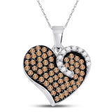 10k White Gold Cognac-brown Diamond Womens Unique Heart Cluster Pendant 3/4 Cttw