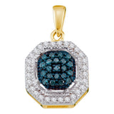 10kt Yellow Gold Womens Round Blue Color Enhanced Diamond Square Frame Cluster Pendant 1/5 Cttw
