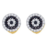 10k Yellow Gold Black Color Enhanced Round Diamond Concentric Womens Screwback Stud Earrings 1/4 Cttw
