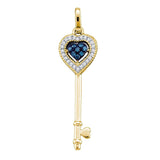 10kt Yellow Gold Womens Round Blue Color Enhanced Diamond Key Love Pendant 1/10 Cttw
