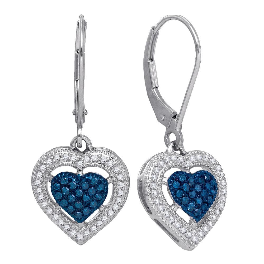 10kt White Gold Womens Round Blue Color Enhanced Diamond Heart Dangle Earrings 3/8 Cttw