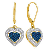 10kt Yellow Gold Womens Round Blue Color Enhanced Diamond Heart Dangle Earrings 3/8 Cttw