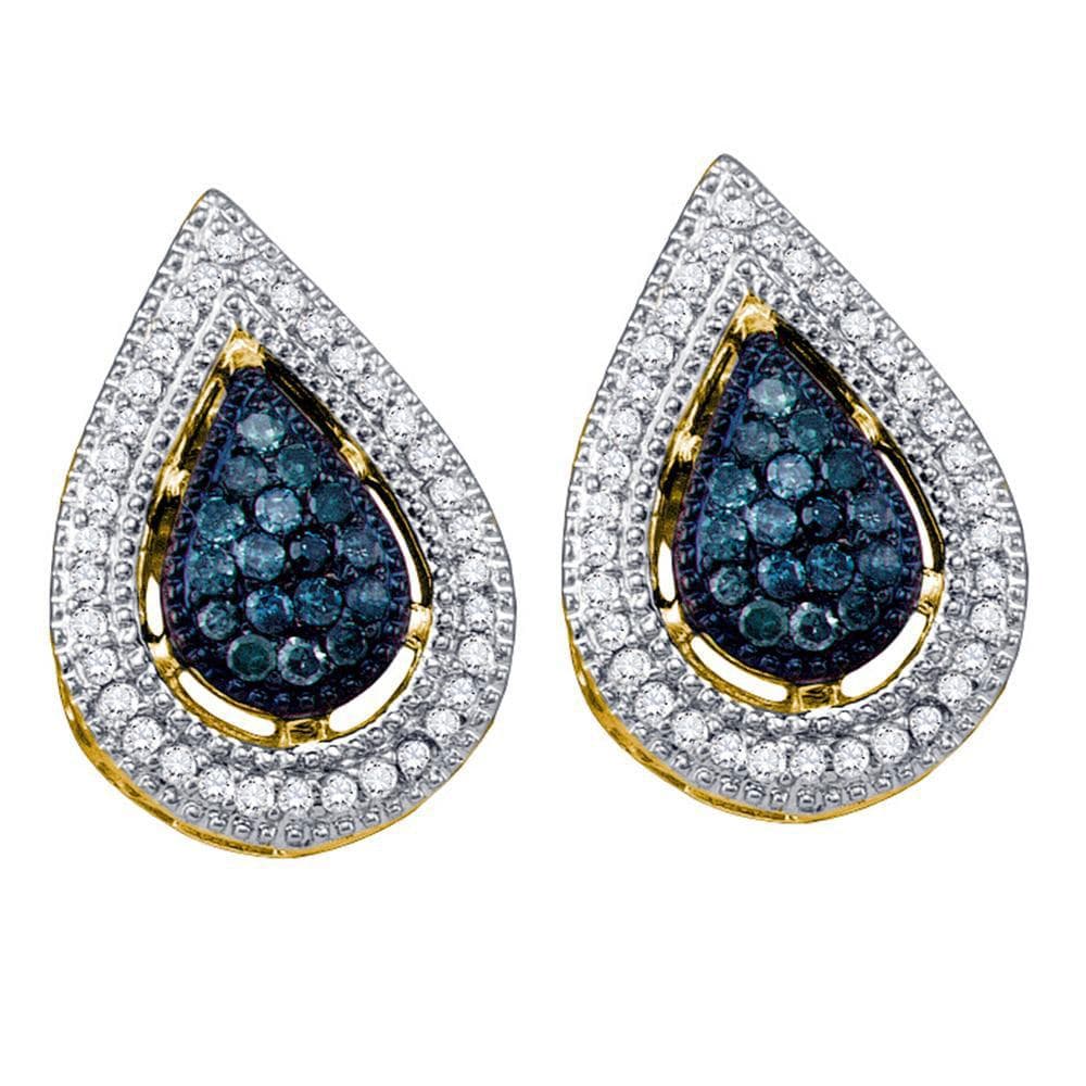 10kt Yellow Gold Womens Round Blue Color Enhanced Diamond Teardrop Cluster Earrings 3/8 Cttw
