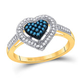 10kt Yellow Gold Womens Round Blue Color Enhanced Diamond Framed Heart Ring 1/4 Cttw