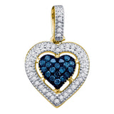 10kt Yellow Gold Womens Round Blue Color Enhanced Diamond Framed Heart Pendant 1/5 Cttw