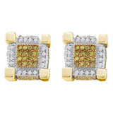Sterling Silver Mens Round Yellow Color Enhanced Diamond 3D Cube Stud Earrings 1/2 Cttw