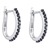 14K White Gold Round Black Color Enhanced Diamond Slender Oblong Hoop Earrings 1/3 Cttw