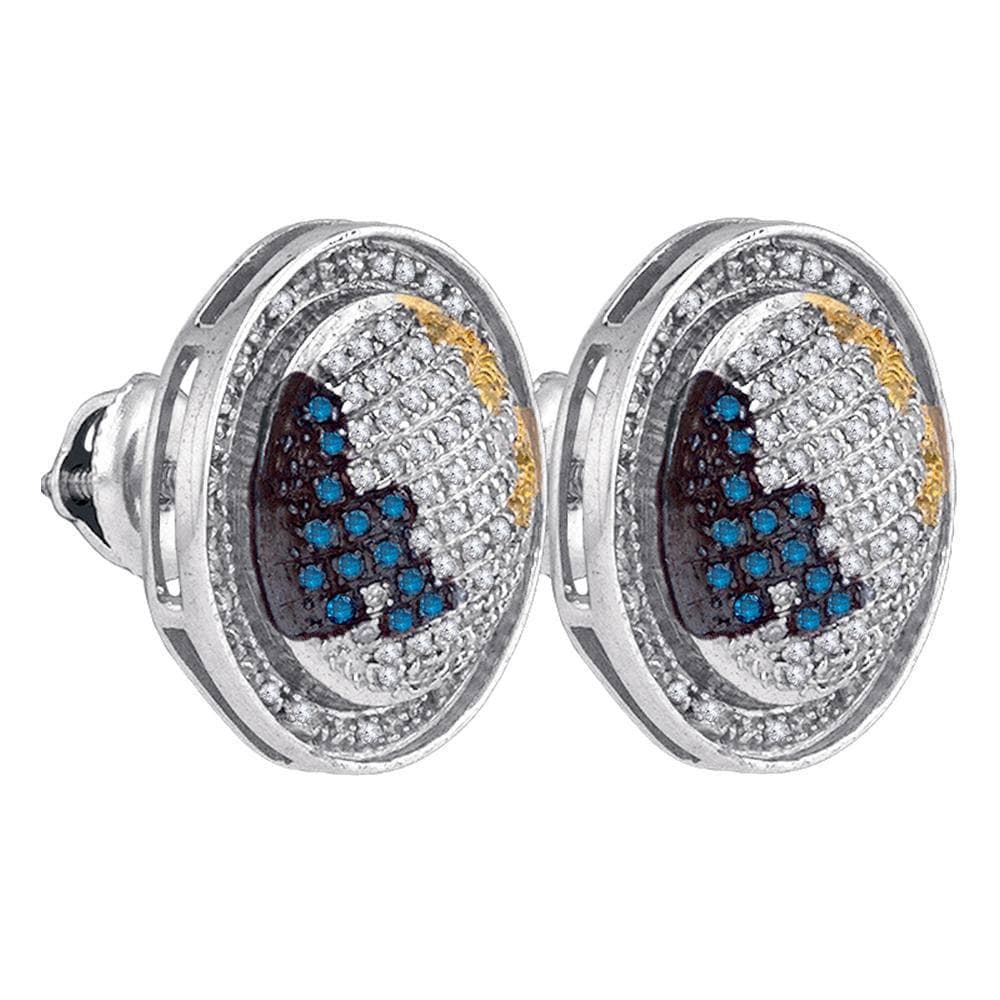 Sterling Silver Mens Round Blue Yellow Color Enhanced Diamond Circle Earrings 3/4 Cttw
