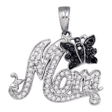 10kt White Gold Womens Round Black Color Enhanced Diamond Butterfly Mom Pendant 1/4 Cttw