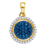 10kt Yellow Gold Womens Round Blue Color Enhanced Diamond Circle Cluster Pendant 1/5 Cttw