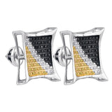 Sterling Silver Mens Round Black Yellow Color Enhanced Diamond Square Cluster Earrings 1/4 Cttw