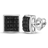 Sterling Silver Mens Round Black Color Enhanced Diamond Square Cluster Earrings 3/4 Cttw