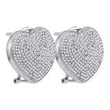 Sterling Silver Womens Round Diamond Heart Love Omega-back Earrings 1-1/10 Cttw