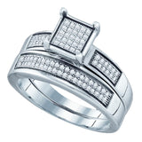 Sterling Silver Round Diamond Square Bridal Wedding Ring Band Set 1/3 Cttw