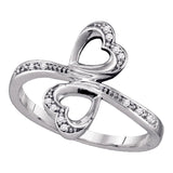 10kt White Gold Womens Round Diamond Double Heart Bypass Ring 1/20 Cttw