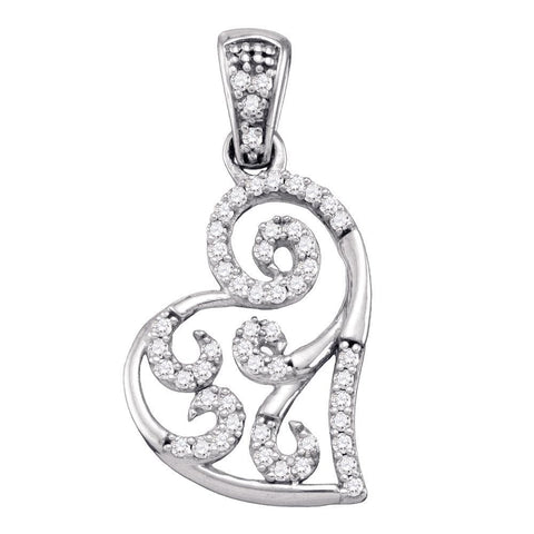 10kt White Gold Womens Round Diamond Whimsical Heart Curled Pendant 1/6 Cttw