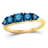 10kt Yellow Gold Womens Round Blue Color Enhanced Diamond 5-stone Ring 1 Cttw