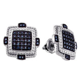 Sterling Silver Mens Round Blue Color Enhanced Diamond Square Earrings 3/8 Cttw