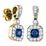10kt Yellow Gold Womens Round Blue Color Enhanced Diamond Square Dangle Screwback Earrings 5/8 Cttw
