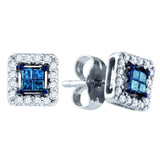 10kt White Gold Womens Princess Blue Color Enhanced Diamond Square Earrings 1/4 Cttw