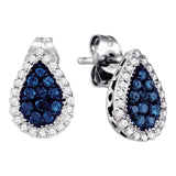 10kt White Gold Womens Round Blue Color Enhanced Diamond Teardrop Cluster Earrings 1/2 Cttw