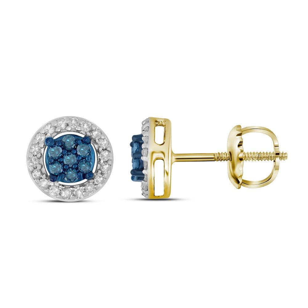 10k Yellow Gold Womens Round Blue Color Enhanced Diamond Cluster Stud Earrings 1/4 Cttw