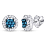 10k White Gold Womens Round Blue Color Enhanced Diamond Cluster Stud Earrings 1/4 Cttw