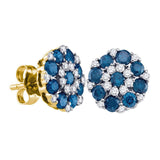 10kt Yellow Gold Womens Round Blue Color Enhanced Diamond Cluster Earrings 1-1/2 Cttw